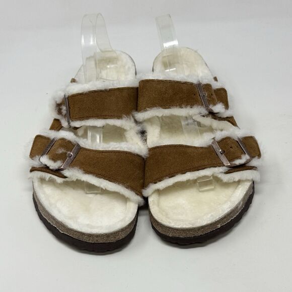 Birkenstock Arizona Shearling Sandals Mens 12 EU 45 Brown Suede 2 Strap Shoes main image 15